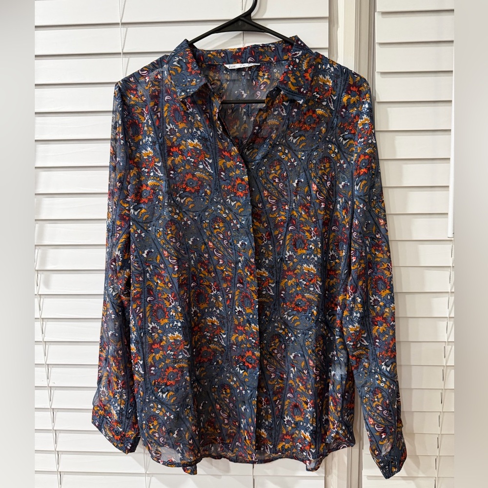 ZUIKI Floral Long Sleeve Button-Up Sheer Blouse! 💙💛 Size XL! Best Offer Accepted